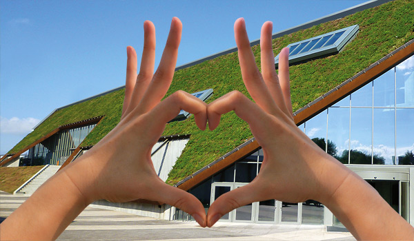 Two hands forming a heart shape around a pitched green roof