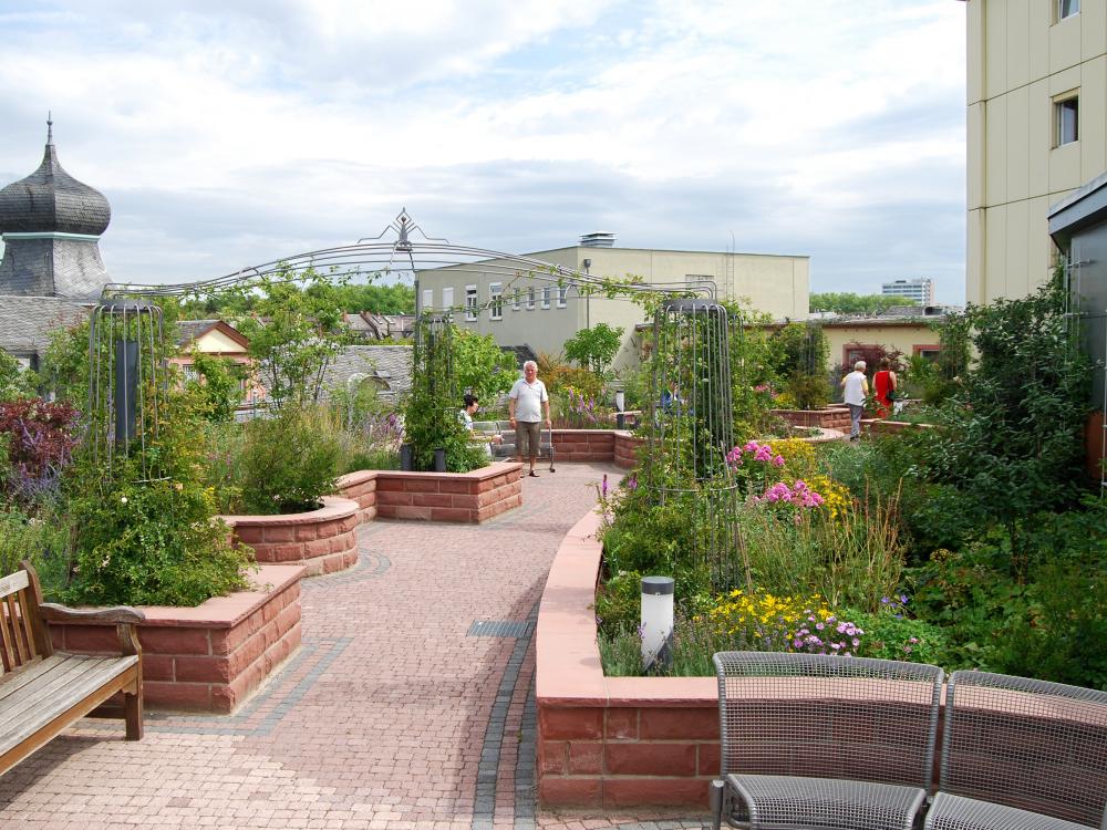 People sitting on benches on roof garden